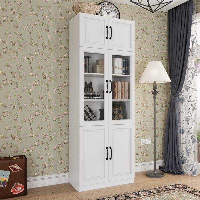 Beyaz Endüstriyel Ahşap Cam Kapaklı ve Yivli Detaylı 5 Raflı Kitaplık - 80x42x220 cm - 141610