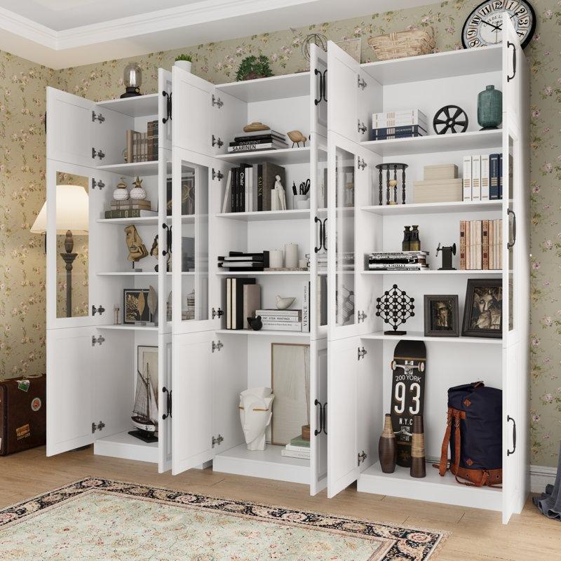 Beyaz Endüstriyel Ahşap Cam Kapaklı Yivli Tasarım Kitaplık - 321x40x220 cm - 141490