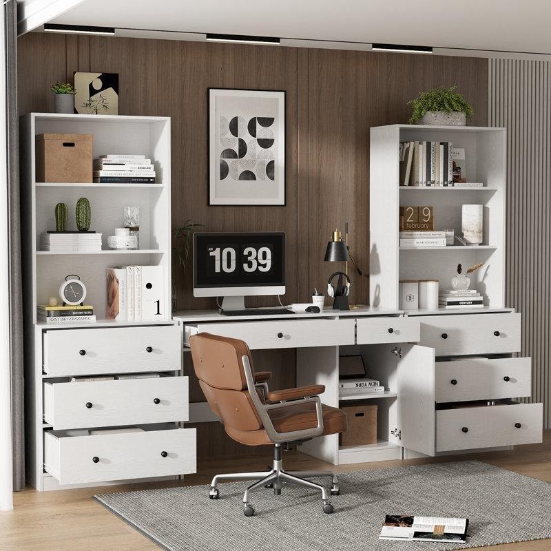 Beyaz Endüstriyel Ahşap Çekmeceli ve Dolaplı Çalışma Masalı Kitaplık - 181 cm - 141277
