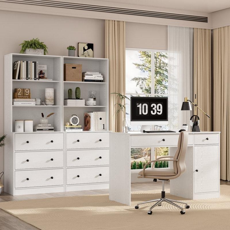 Beyaz Endüstriyel Ahşap Çekmeceli ve Dolaplı Çalışma Masalı Kitaplık - 181 cm - 141277