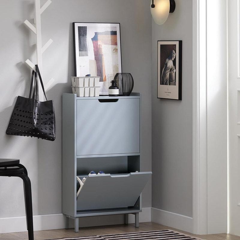 Beyaz Endüstriyel Ahşap Düşer Kapaklı Dar Ayakkabılık - 51x130 cm - 120751