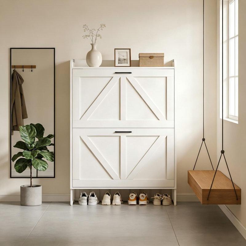 Beyaz Endüstriyel Ahşap Düşer Kapaklı ve Yan Askılı Ayakkabılık - 80x24x101 cm - 120841