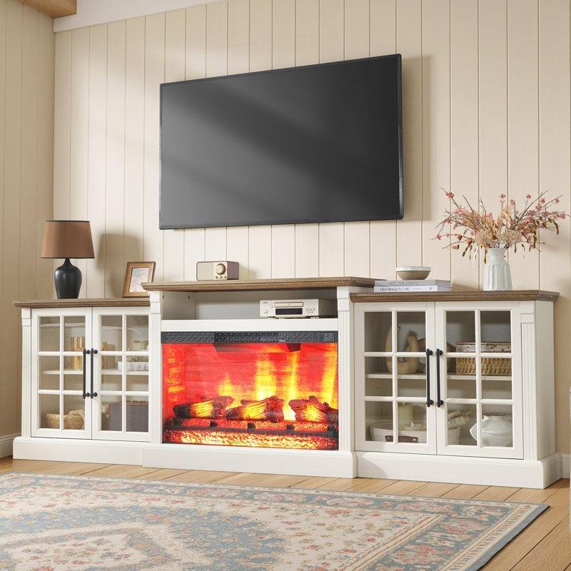 Beyaz Endüstriyel Ahşap Elektrikli Şömineli ve Cam Kapaklı Kitaplık - 247x39x86 cm - 141430