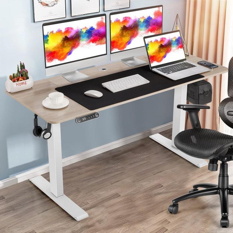 Beyaz Endüstriyel Ahşap Elektrikli Yükseklik Ayarlı Bilgisayar Masası-160x61x150 cm - 116412