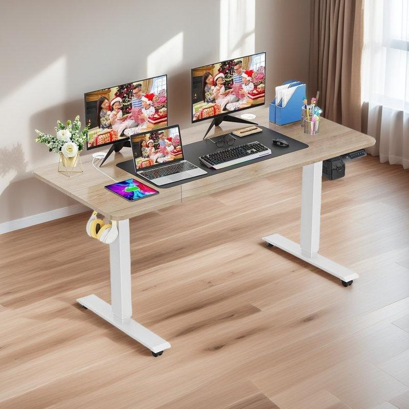 Beyaz Endüstriyel Ahşap Elektrikli Yükseklik Ayarlı Bilgisayar Masası-160x61x150 cm - 116412