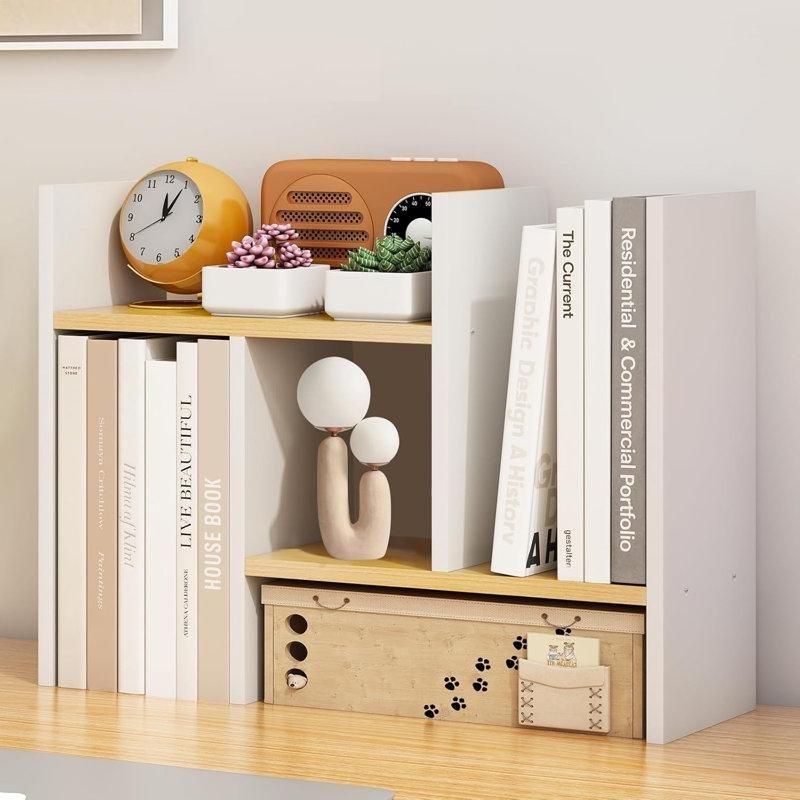 Beyaz Endüstriyel Ahşap Genişleyebilir Masaüstü Düzenleyici Kitaplık - 62x35x15 cm - 141445