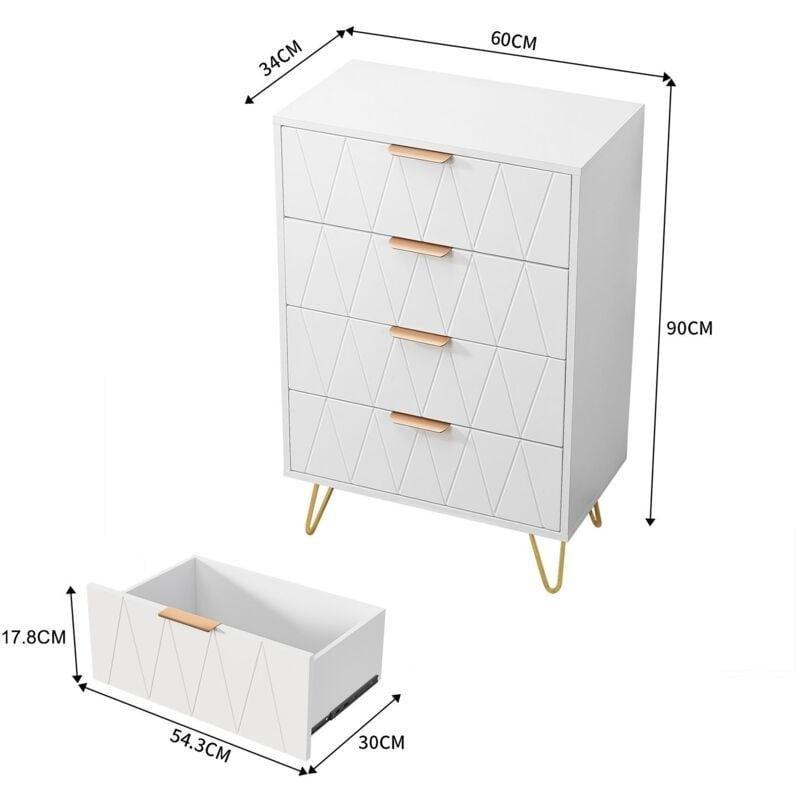 Beyaz Endüstriyel Ahşap Geometrik Desenli 4 Çekmeceli Şifonyer - 60x34x90 cm - 123486