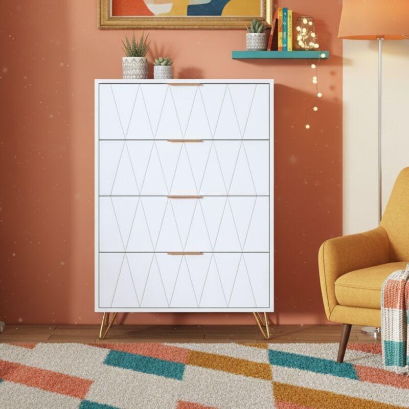 Beyaz Endüstriyel Ahşap Geometrik Desenli 4 Çekmeceli Şifonyer - 60x34x90 cm - 123486