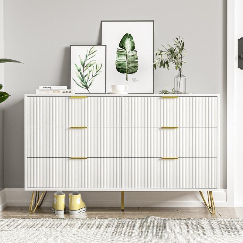 Beyaz Endüstriyel Ahşap Gold Detaylı Çizgili Dokulu 6 Çekmeceli Şifonyer - 120x40x75 cm - 122866