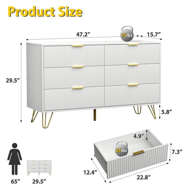 Beyaz Endüstriyel Ahşap Gold Detaylı Çizgili Dokulu 6 Çekmeceli Şifonyer - 120x40x75 cm - 122866