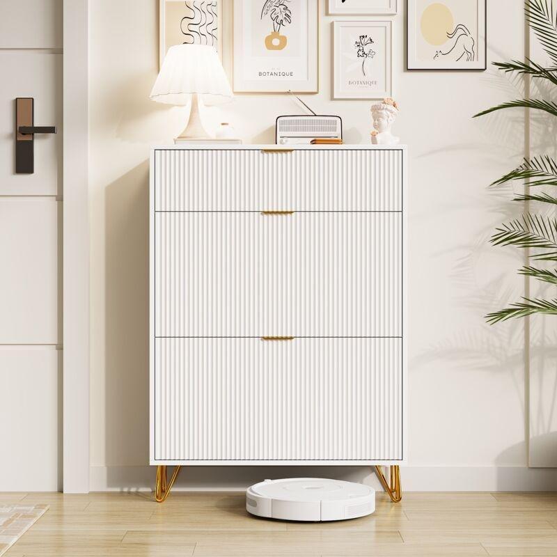 Beyaz Endüstriyel Ahşap Gold Detaylı Düşer Kapaklı Ayakkabılık - 80x24x119 cm - 120142