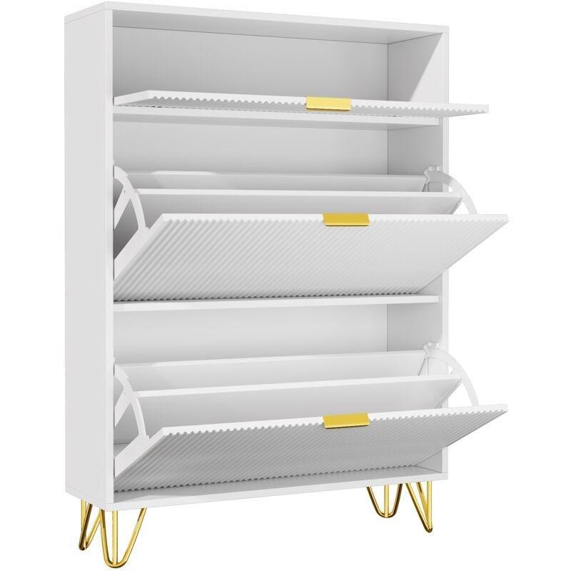 Beyaz Endüstriyel Ahşap Gold Detaylı Düşer Kapaklı Ayakkabılık - 80x24x119 cm - 120142