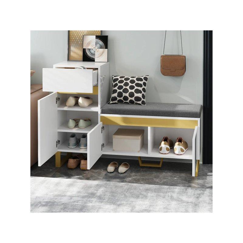 Beyaz Endüstriyel Ahşap Gold Detaylı Minderli Çekmeceli Ayakkabılık - 120x85x35 cm - 118645