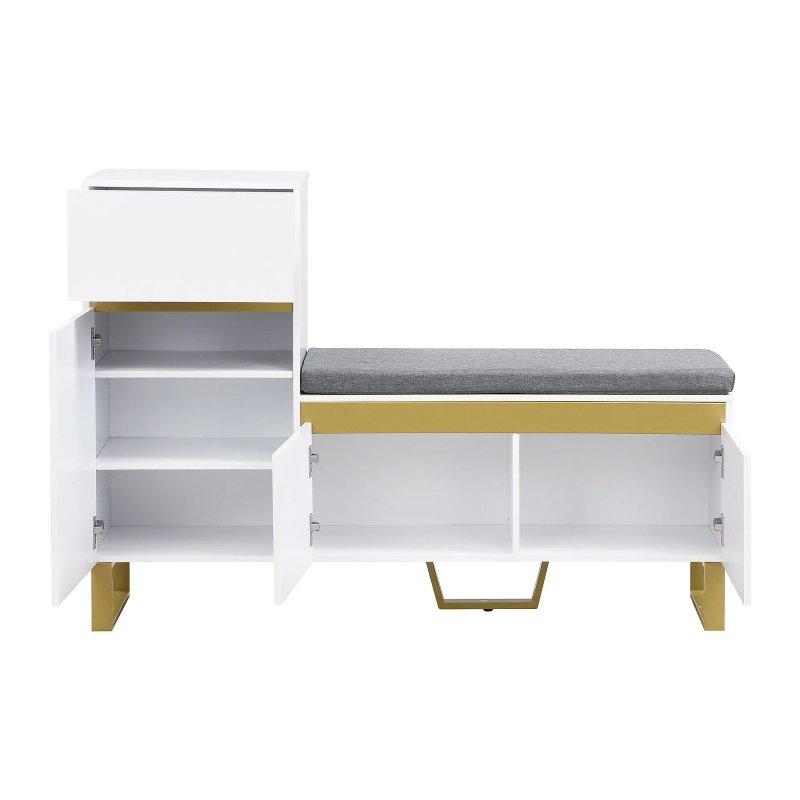 Beyaz Endüstriyel Ahşap Gold Detaylı Minderli Çekmeceli Ayakkabılık - 120x85x35 cm - 118645