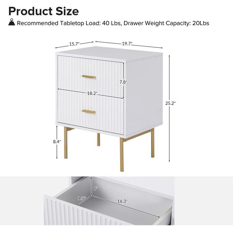Beyaz Endüstriyel Ahşap Gold Detaylı Oluklu Tasarım İkili Komodin Seti - 51x40x65 cm - 127463