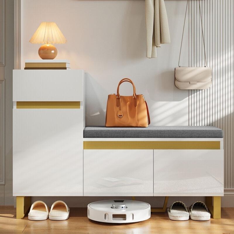 Beyaz Endüstriyel Ahşap Gold Detaylı ve Minderli Ayakkabılık - 120x35x85 cm - 119349