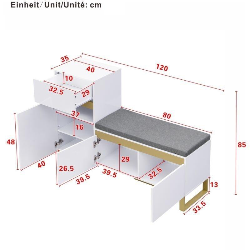 Beyaz Endüstriyel Ahşap Gold Detaylı ve Minderli Ayakkabılık - 120x35x85 cm - 119349