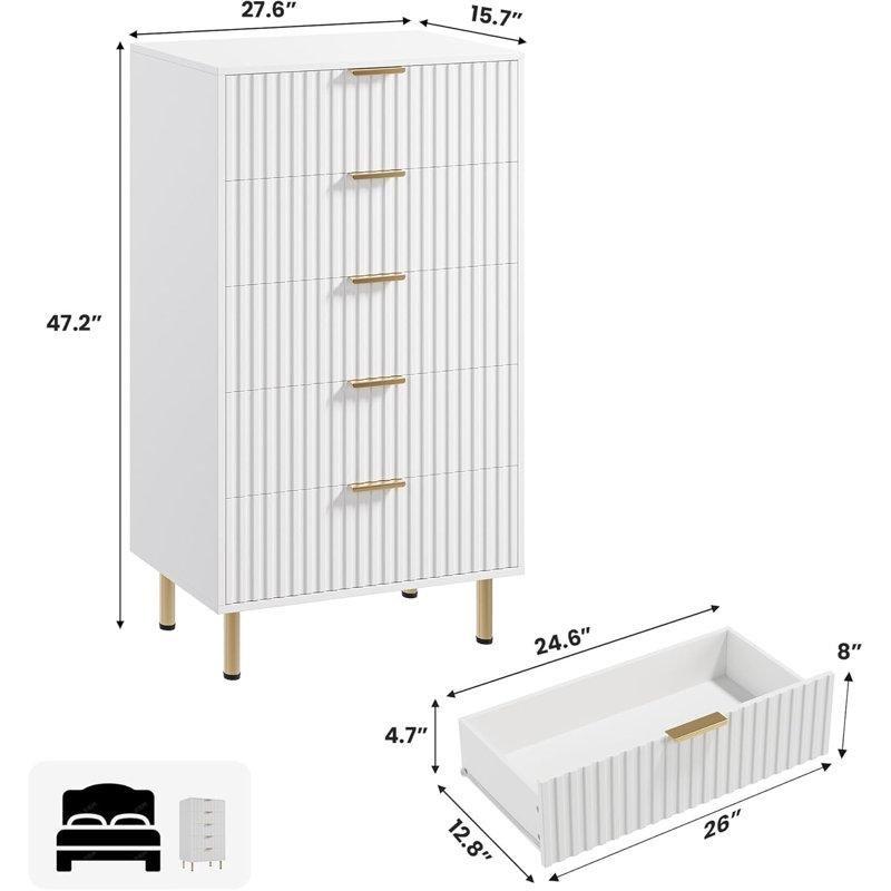Beyaz Endüstriyel Ahşap Gold Detaylı Yivli 5 Çekmeceli Şifonyer - 70x120 cm - 124071