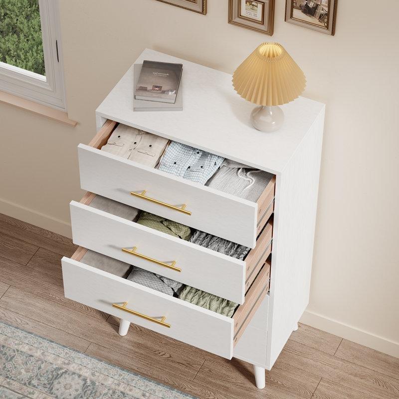 Beyaz Endüstriyel Ahşap Gold Kulp 5 Çekmeceli Yüksek Şifonyer - 72x121 cm - 122902