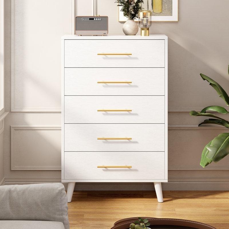 Beyaz Endüstriyel Ahşap Gold Kulp 5 Çekmeceli Yüksek Şifonyer - 72x121 cm - 122902