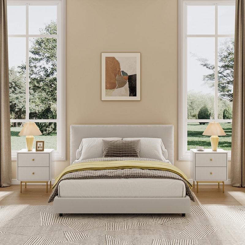 Beyaz Endüstriyel Ahşap Gold Metal Ayaklı Dikey Çizgili İkili Komodin Seti - 51x40x60 cm - 127196