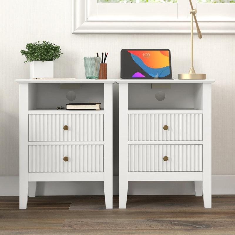 Beyaz Endüstriyel Ahşap Kablosuz Şarjlı ve Prizli Yivli Detaylı İkili Komodin Seti - 45x35x59 cm - 127520