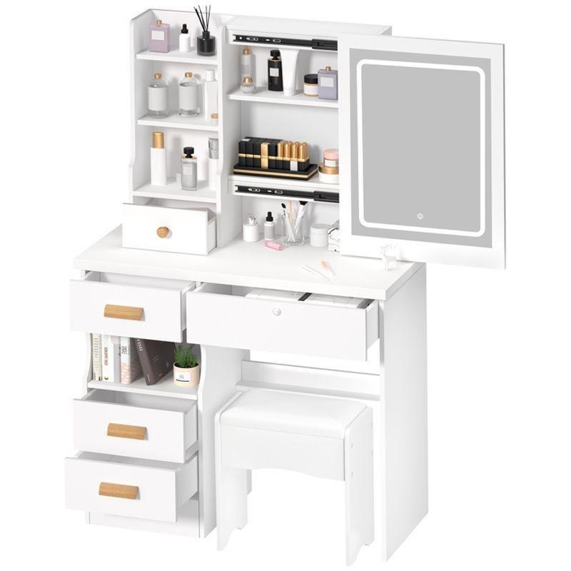 Beyaz Endüstriyel Ahşap Kayar Aynalı Dokunmatik LED Işıklı Makyaj Masası-80x36x132 cm - 122383
