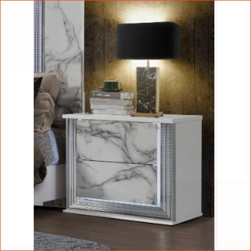 Beyaz Endüstriyel Ahşap LED Aydınlatmalı Krom Detaylı Mermer Komodin - 46x41x61 cm - 127936