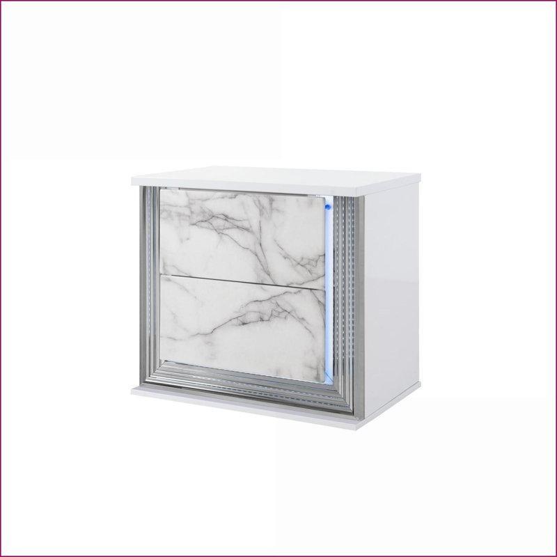 Beyaz Endüstriyel Ahşap LED Aydınlatmalı Krom Detaylı Mermer Komodin - 46x41x61 cm - 127936