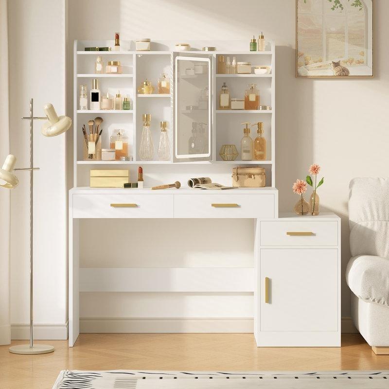 Beyaz Endüstriyel Ahşap LED Işıklı Aynalı Dolaplı ve Çekmeceli Makyaj Masası - 125x40x150 cm - 121543
