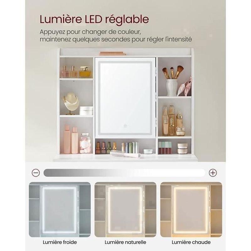 Beyaz Endüstriyel Ahşap LED Işıklı Aynalı ve Çekmeceli Makyaj Masası - 90x40x145 cm - 122299
