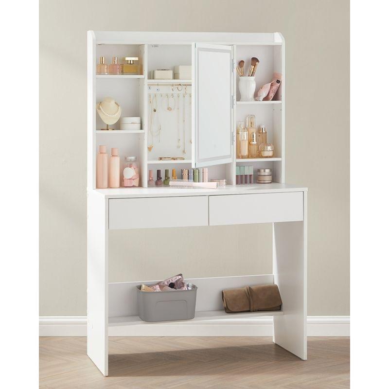 Beyaz Endüstriyel Ahşap LED Işıklı Aynalı ve Çekmeceli Makyaj Masası - 90x40x145 cm - 122299