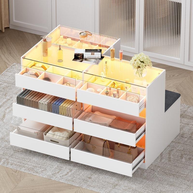 Beyaz Endüstriyel Ahşap LED Işıklı Cam Üst Tablalı ve Puflu Ada Şifonyer - 120x70 cm - 123858