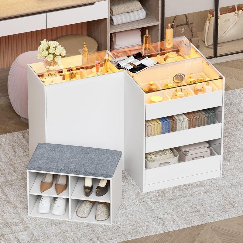 Beyaz Endüstriyel Ahşap LED Işıklı Cam Üst Tablalı ve Puflu Ada Şifonyer - 120x70 cm - 123858