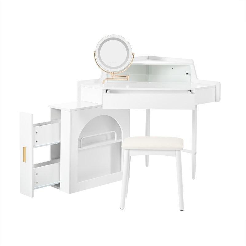 Beyaz Endüstriyel Ahşap LED Işıklı Köşe Tasarım Makyaj Masası - 142 cm - 121327