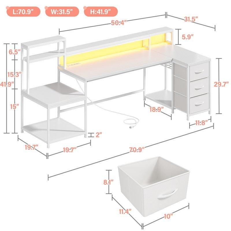 Beyaz Endüstriyel Ahşap LED Işıklı L Şekilli Bilgisayar Masası-107x180x80 cm - 116904