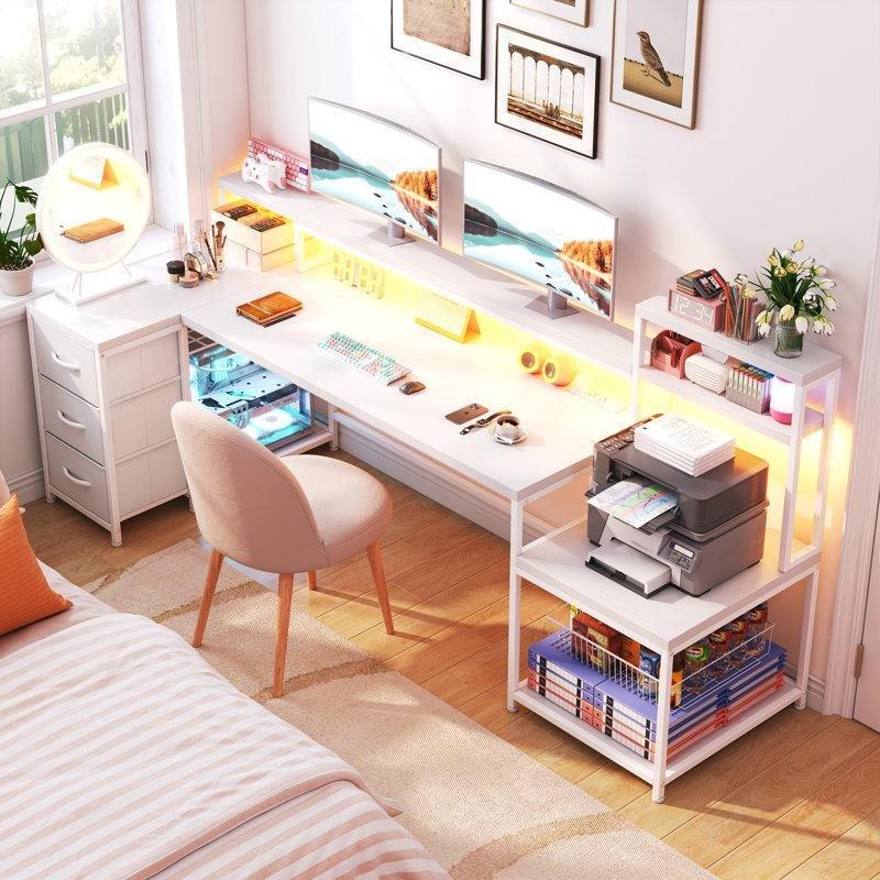 Beyaz Endüstriyel Ahşap LED Işıklı L Şekilli Bilgisayar Masası-107x180x80 cm - 116904