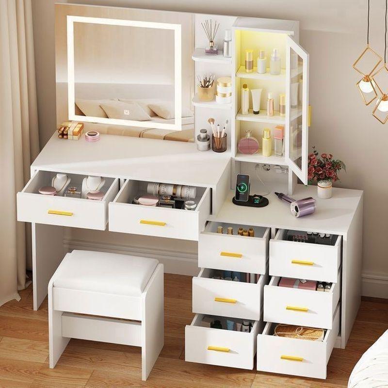 Beyaz Endüstriyel Ahşap LED Işıklı Priz ve USB Çıkışlı 8 Çekmeceli Puflu Makyaj Masası-140 cm - 122353
