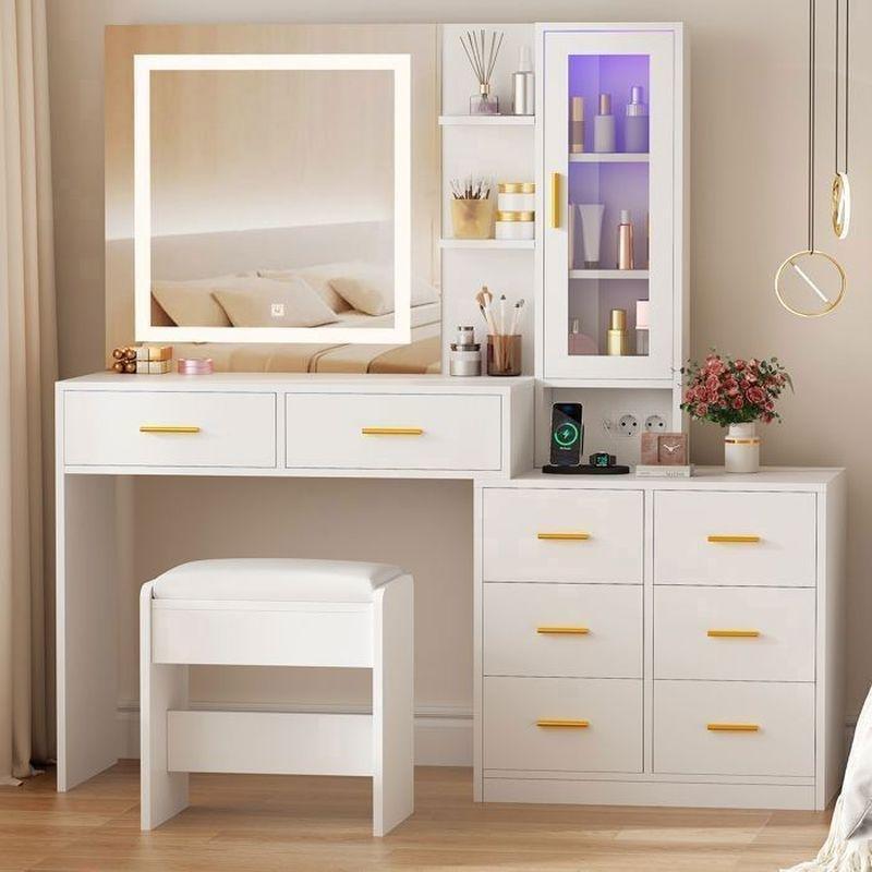 Beyaz Endüstriyel Ahşap LED Işıklı Priz ve USB Çıkışlı 8 Çekmeceli Puflu Makyaj Masası-140 cm - 122353