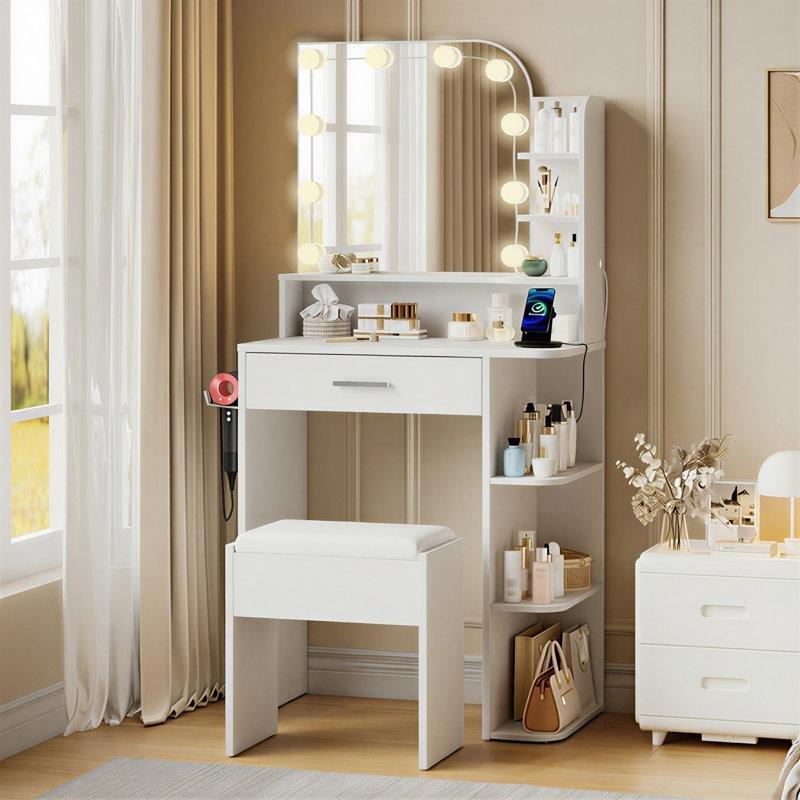 Beyaz Endüstriyel Ahşap LED Işıklı Priz ve USB Çıkışlı Raflı Tabureli Makyaj Masası - 68x138 cm - 121651