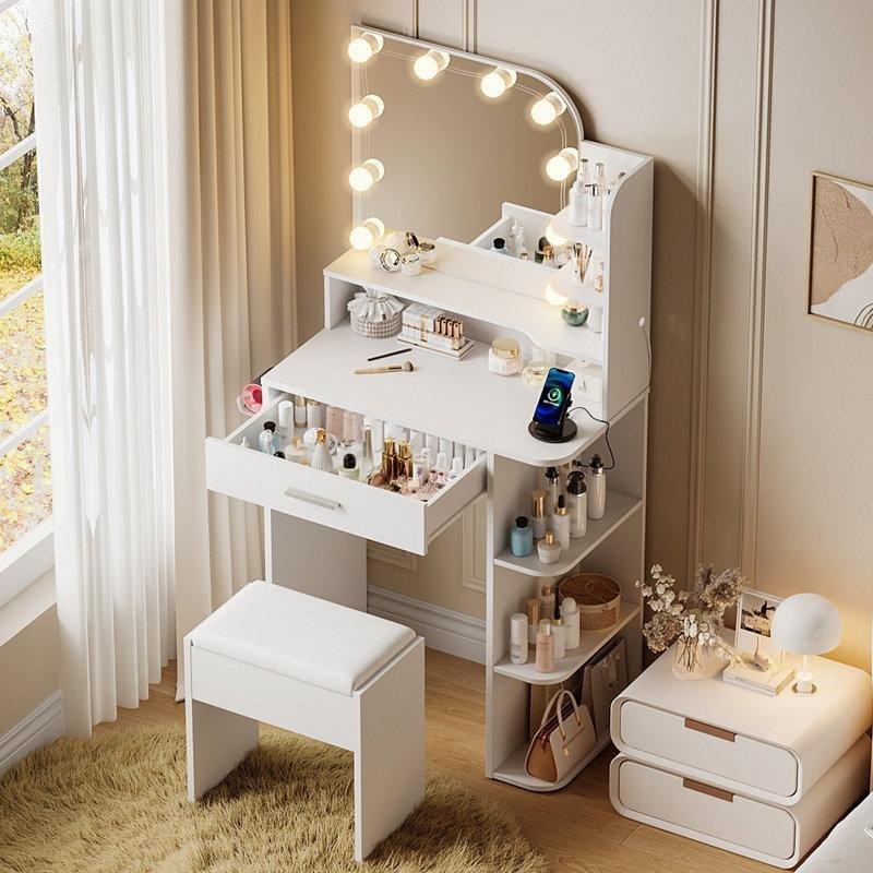Beyaz Endüstriyel Ahşap LED Işıklı Priz ve USB Çıkışlı Raflı Tabureli Makyaj Masası - 68x138 cm - 121651