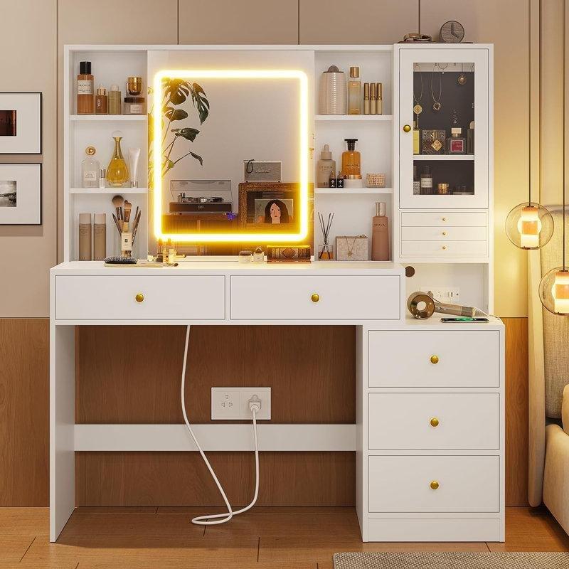 Beyaz Endüstriyel Ahşap LED Işıklı Şarj İstasyonlu ve Sürgülü Aynalı Makyaj Masası - 116 cm - 121582