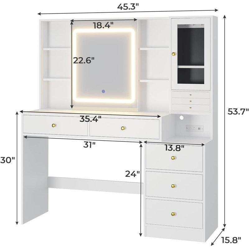 Beyaz Endüstriyel Ahşap LED Işıklı Şarj İstasyonlu ve Sürgülü Aynalı Makyaj Masası - 116 cm - 121582