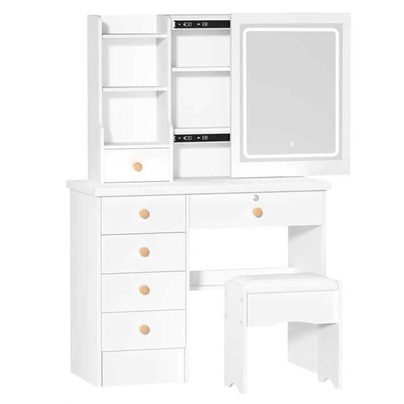 Beyaz Endüstriyel Ahşap LED Işıklı Sürgülü Aynalı 6 Çekmeceli Tabureli Makyaj Masası - 80x36x132 cm - 122371