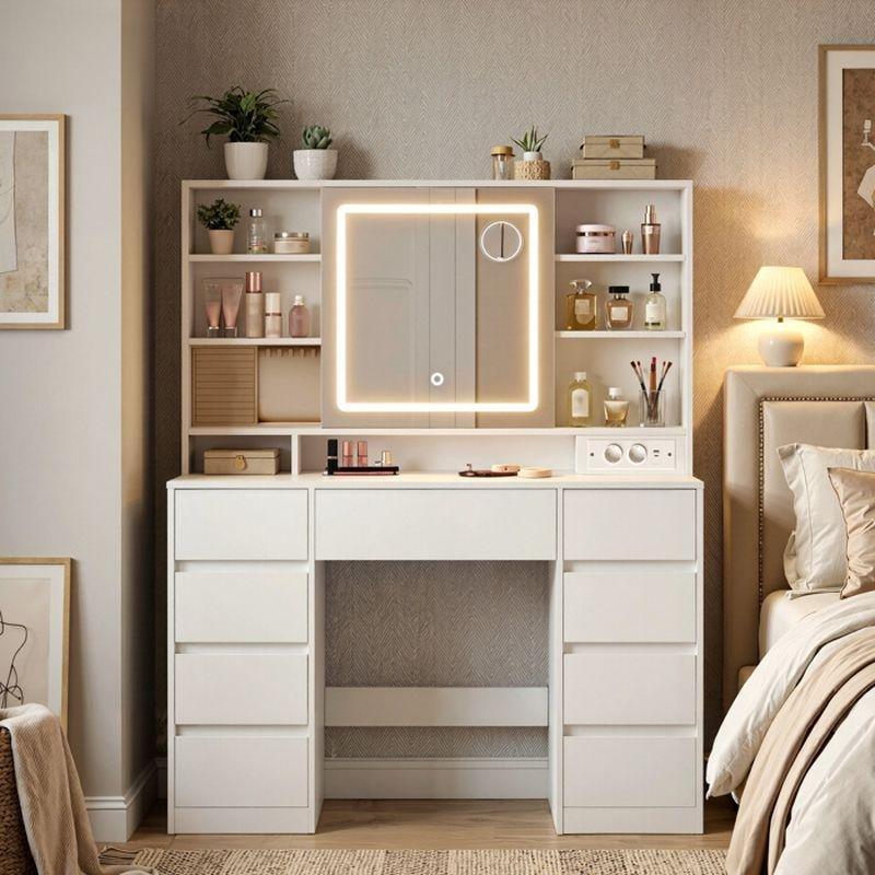 Beyaz Endüstriyel Ahşap LED Işıklı Sürgülü Aynalı ve 9 Çekmeceli Makyaj Masası - 110x40x142 cm - 122308