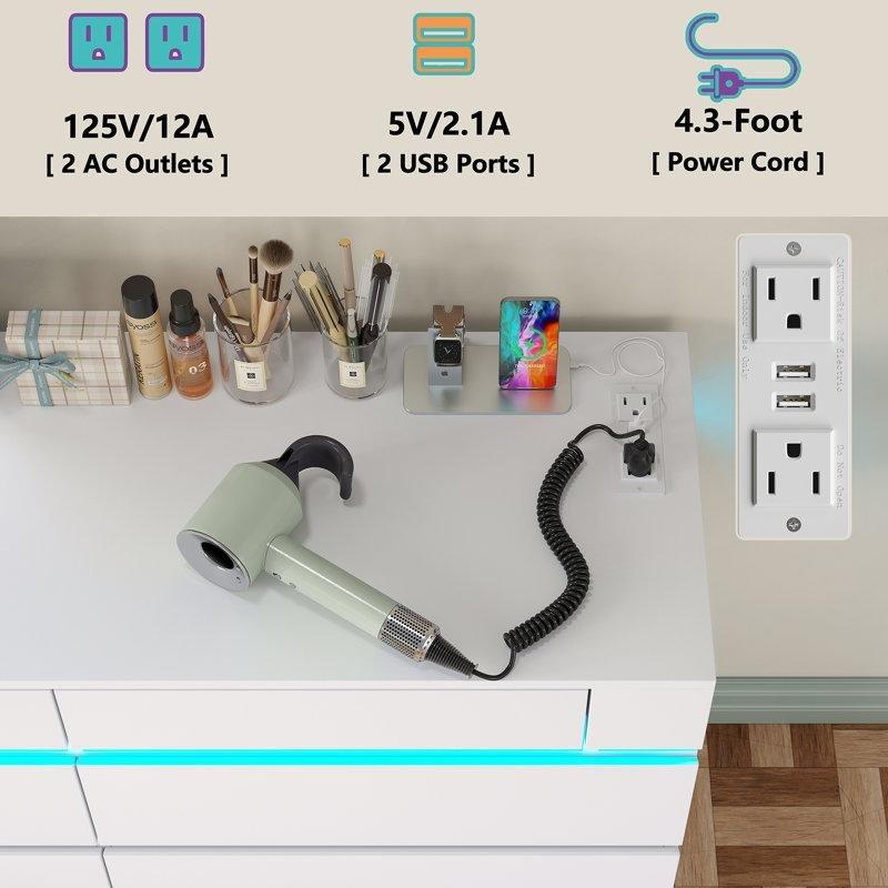 Beyaz Endüstriyel Ahşap LED Işıklı ve Prizli 8 Çekmeceli Şifonyer - 121x41x85 cm - 122944