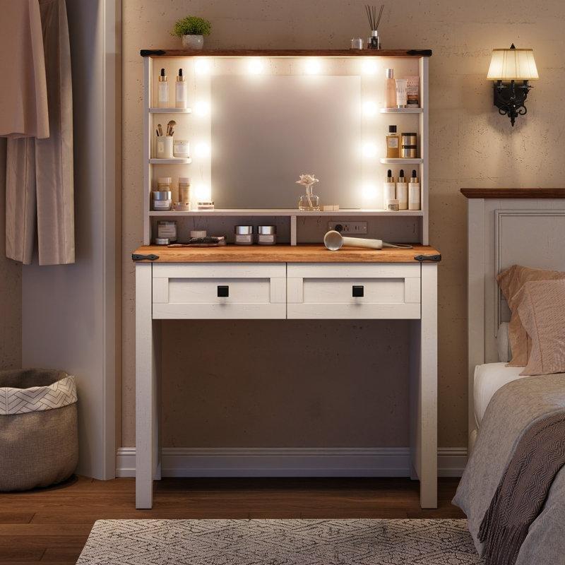 Beyaz Endüstriyel Ahşap LED Işıklı ve Şarj İstasyonlu Country Makyaj Masası - 80 cm - 121573