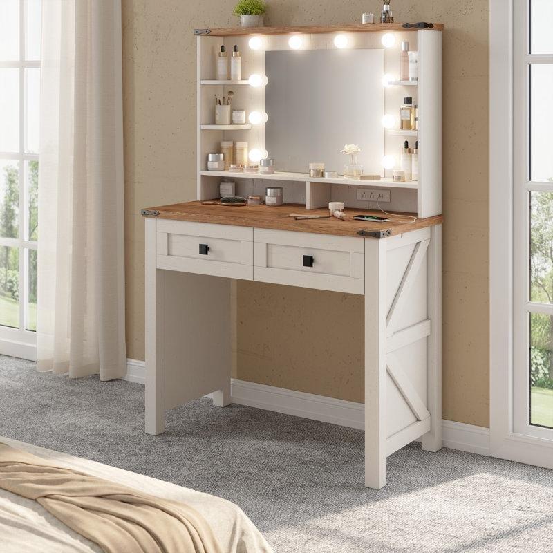 Beyaz Endüstriyel Ahşap LED Işıklı ve Şarj İstasyonlu Country Makyaj Masası - 80 cm - 121573