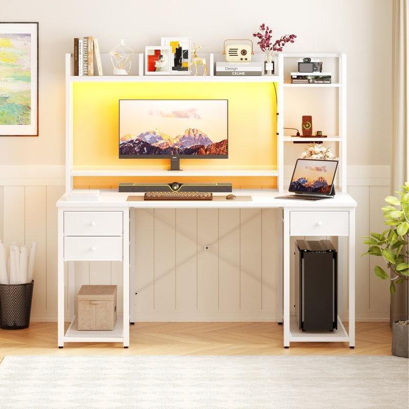 Beyaz Endüstriyel Ahşap LEDli Prizli Kitaplıklı Bilgisayar Masası-120x141x48 cm - 116808