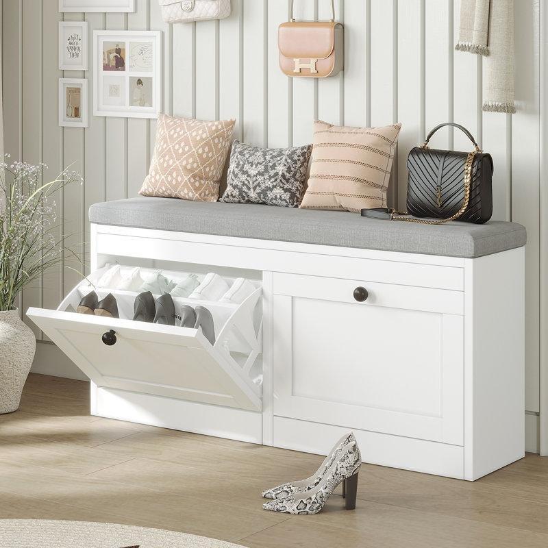 Beyaz Endüstriyel Ahşap Minderli Düşer Kapaklı Ayakkabılık Bench - 106x32x53 cm - 120583
